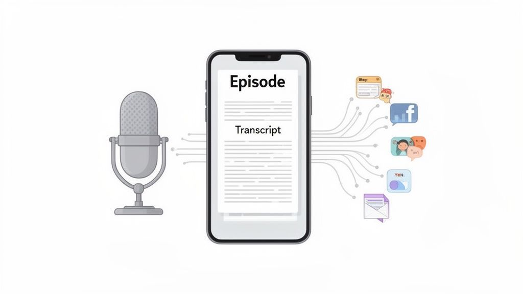 Diagram showing a microphone, a phone displaying a podcast transcript, and icons for content sharing.