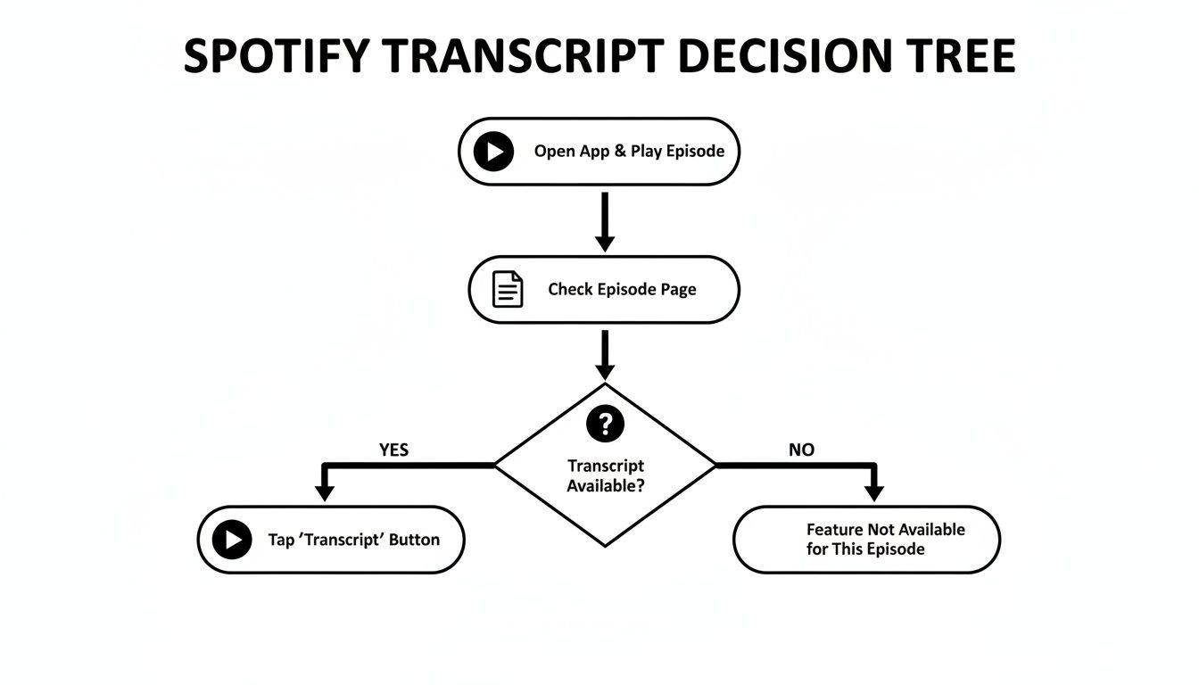 Diagrama de flujo que detalla cómo encontrar y acceder a las transcripciones de episodios en Spotify, mostrando los pasos desde abrir la aplicación hasta verificar la disponibilidad.