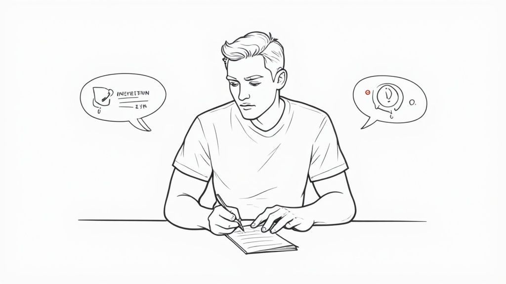 Line art of a man writing on a notepad, with thought bubbles indicating coffee and deadlines.