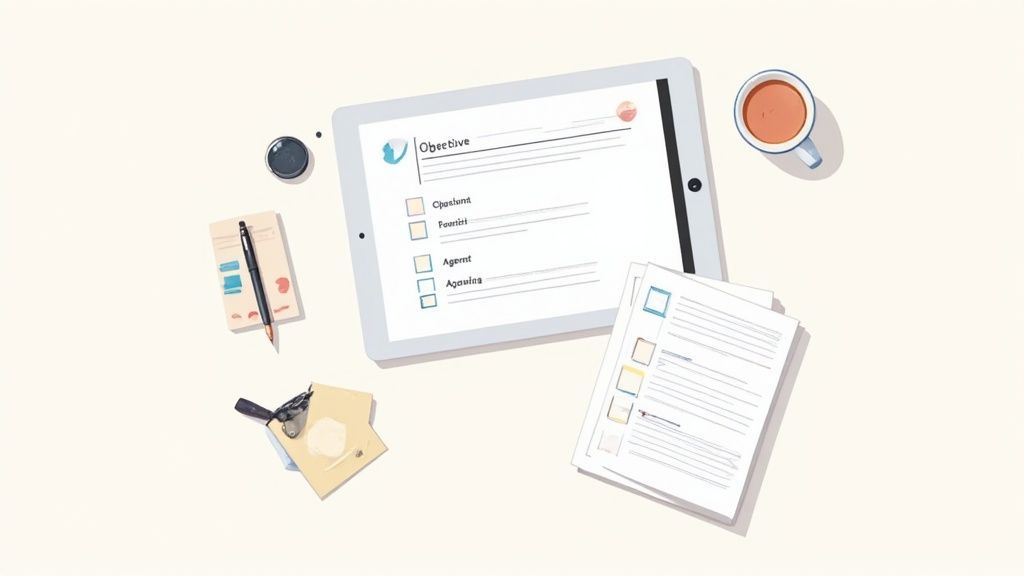 Workspace flat lay with a tablet showing a checklist, papers, coffee, and a pen.