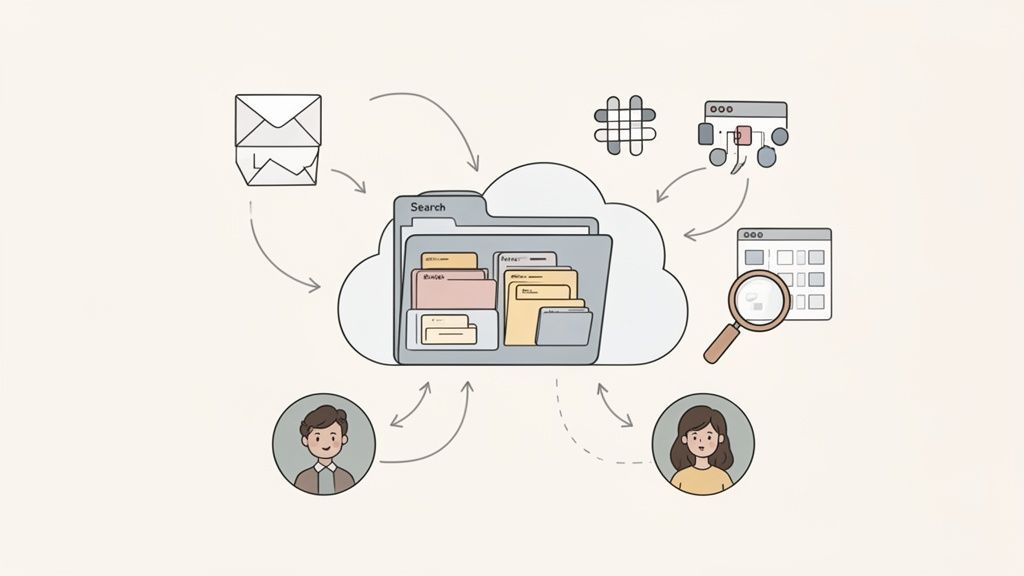 Cloud storage system illustration showing files, folders, and data flow between users and diverse online sources.