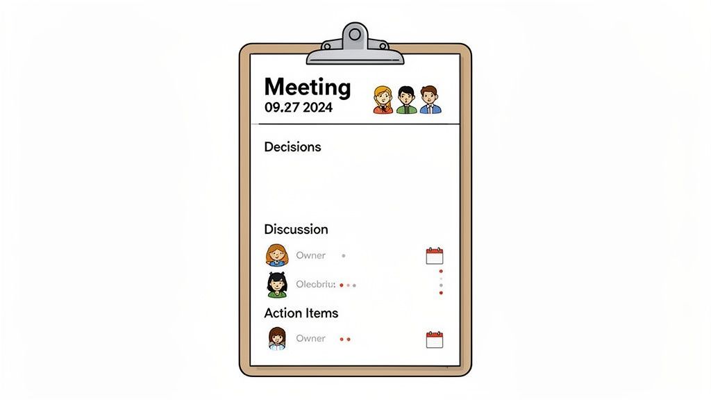 A clipboard showing a meeting agenda with sections for decisions, discussion, and action items.