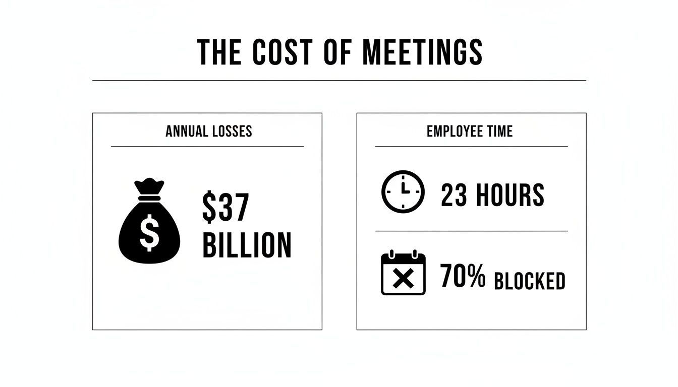 Infographic showing the cost of meetings: $37 billion annual losses and 23 hours of employee time, 70% blocked.