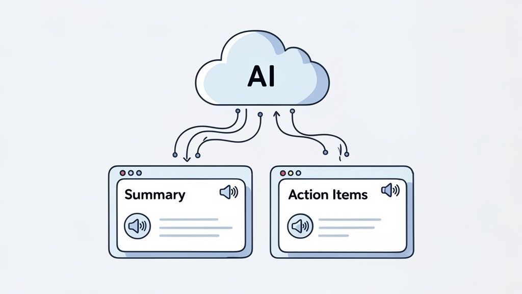 An AI cloud processes information, generating meeting summaries and action items displayed in two browser-like windows with speaker icons.