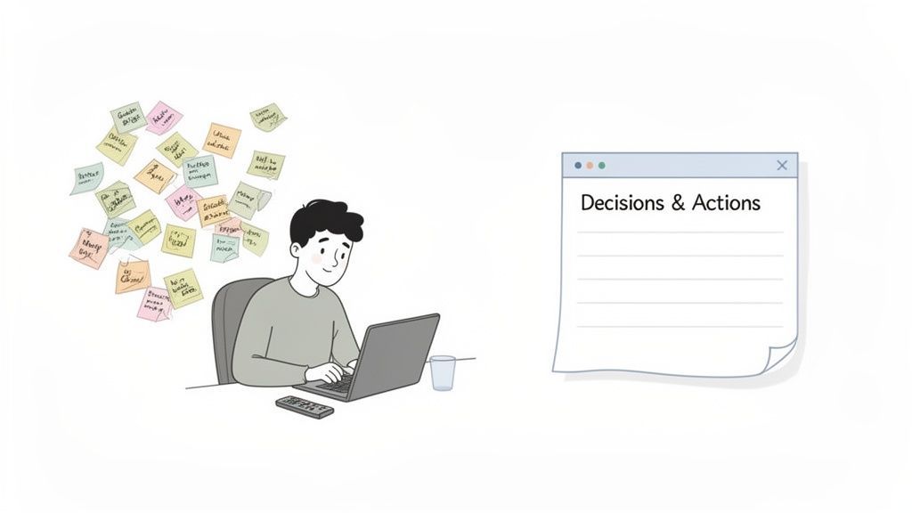 An illustration of a man using a laptop, surrounded by many sticky notes and a 'Decisions & Actions' list.