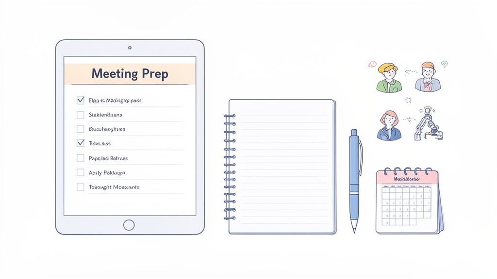 A tablet with a meeting prep checklist, next to a notebook, pen, calendar, and various icons.