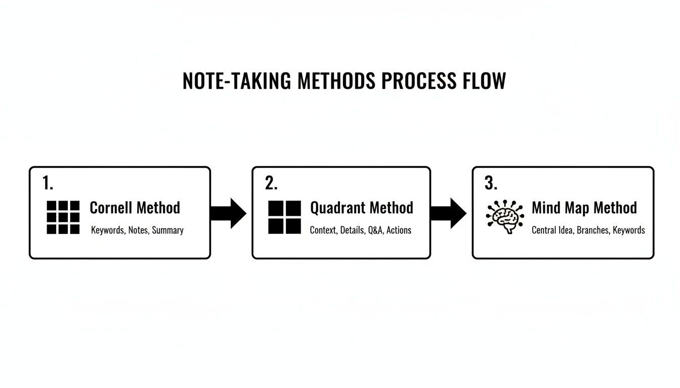 A process flow diagram illustrating three note-taking methods: Cornell, Quadrant, and Mind Map.
