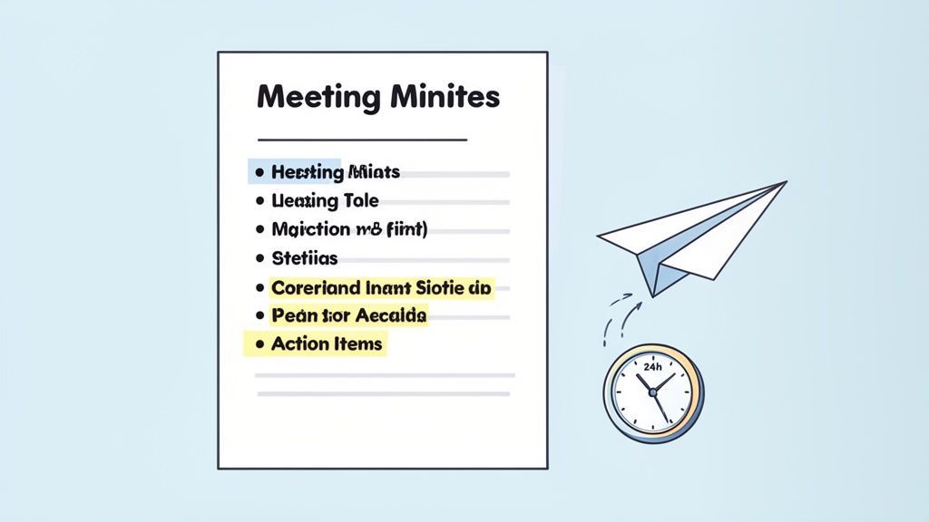 Document titled 'Meeting Minutes' with a bulleted list, a paper airplane, and a 24h clock.