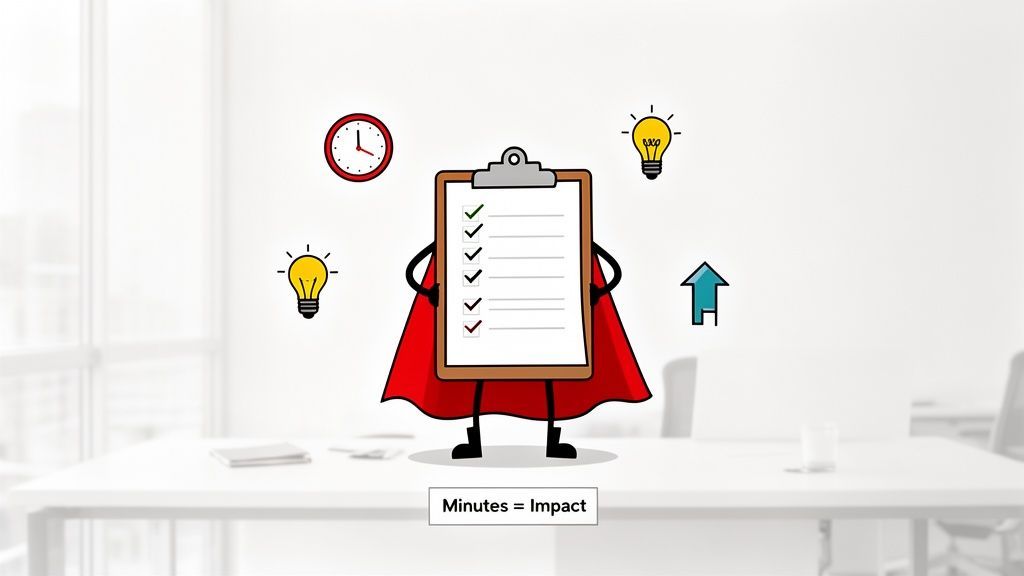 Superhero clipboard with checklist, clock, lightbulbs, and an upward arrow, demonstrating 'Minutes = Impact'.