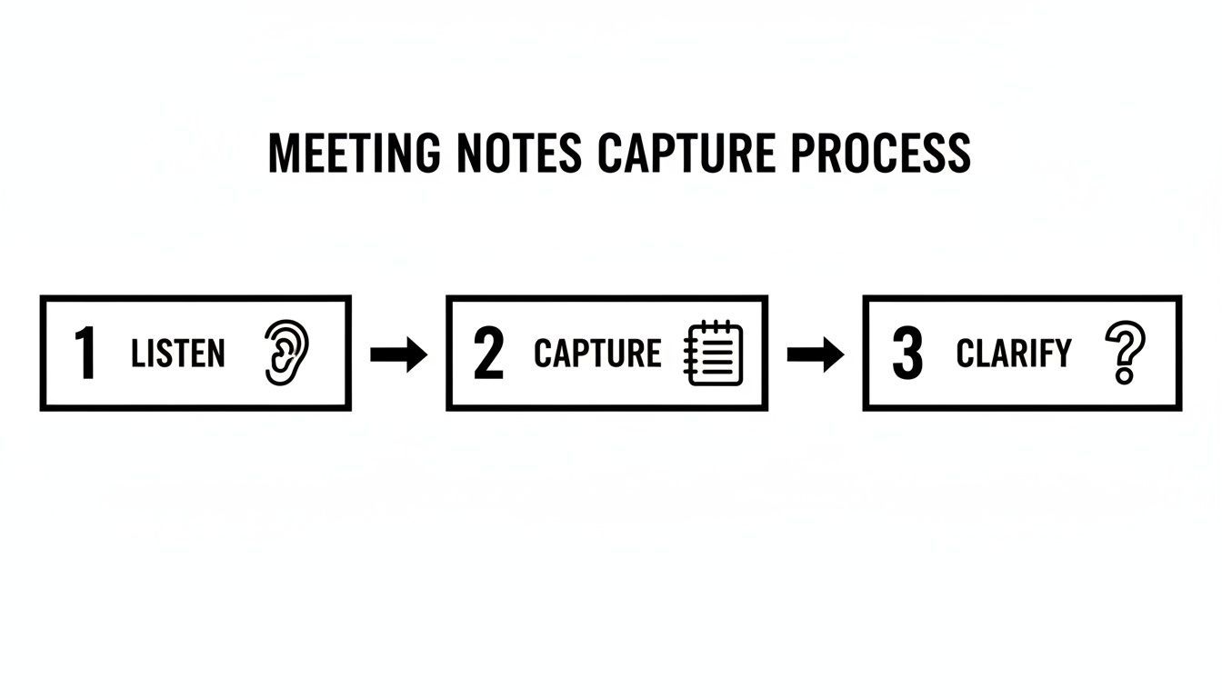 A three-step process for meeting notes: Listen, Capture, and Clarify.