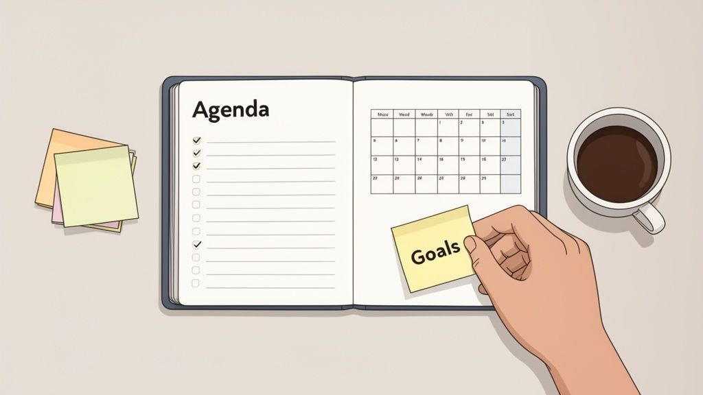 A hand places a 'Goals' sticky note on a calendar in a notebook with an agenda and coffee.
