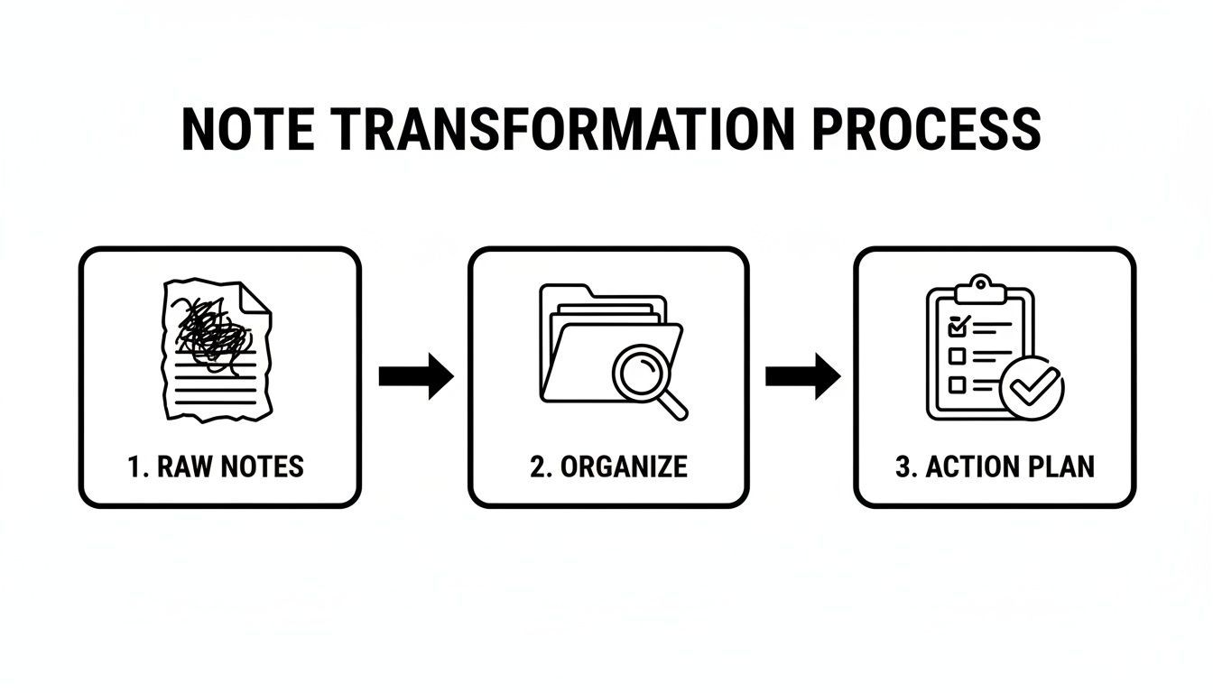A three-step diagram illustrates the note transformation process: raw notes, organize, and action plan.