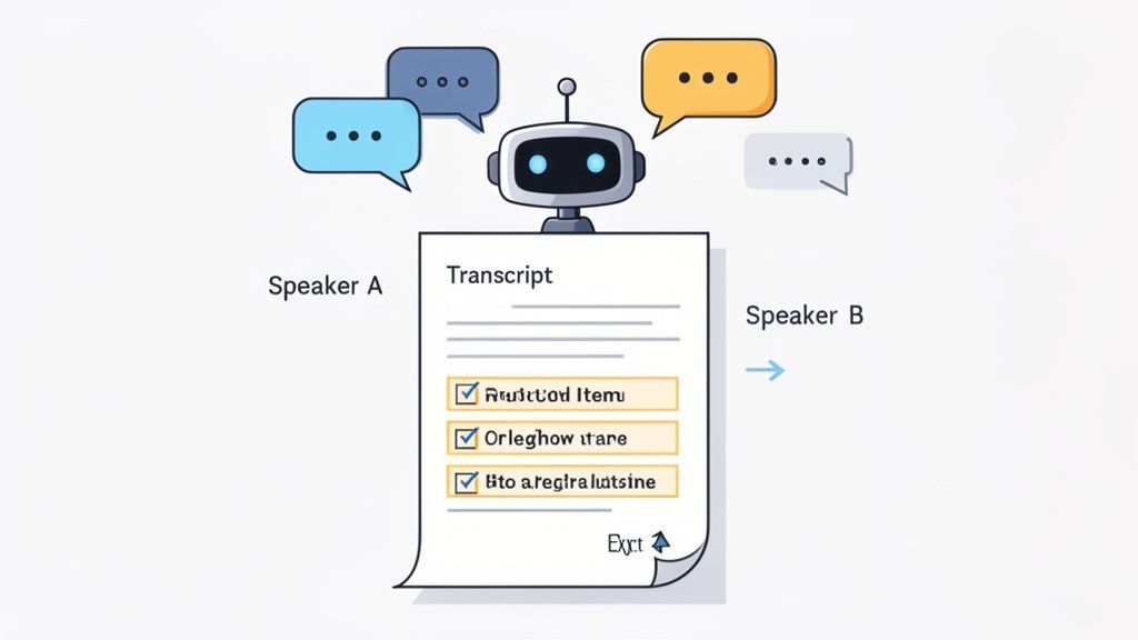 An AI robot transcribes a meeting, identifying action items from Speaker A and B's conversation.