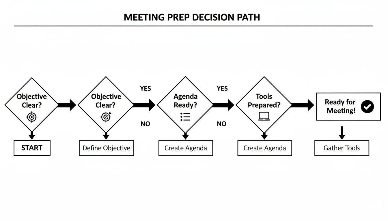 A flowchart outlines the meeting preparation decision path, covering objective clarity, agenda, and tools.