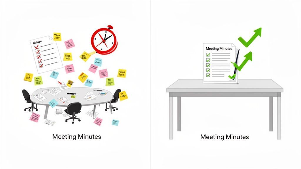 A split image contrasting a chaotic meeting room with disorganized notes versus neat, efficient meeting minutes.