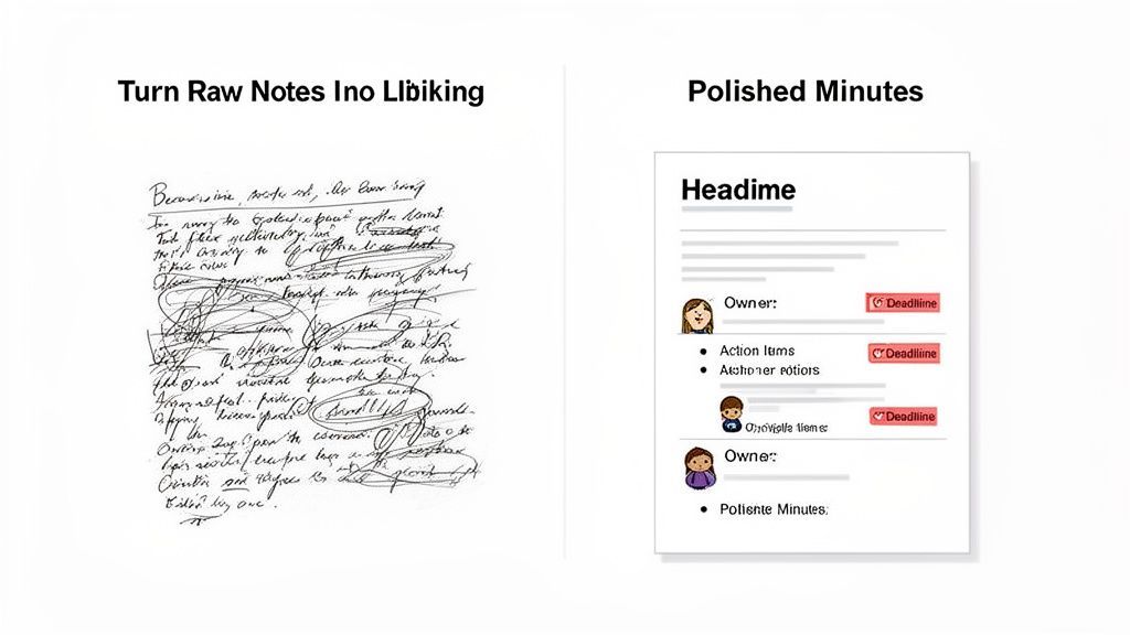 A side-by-side comparison showing messy raw handwritten notes transformed into clear, organized polished meeting minutes.