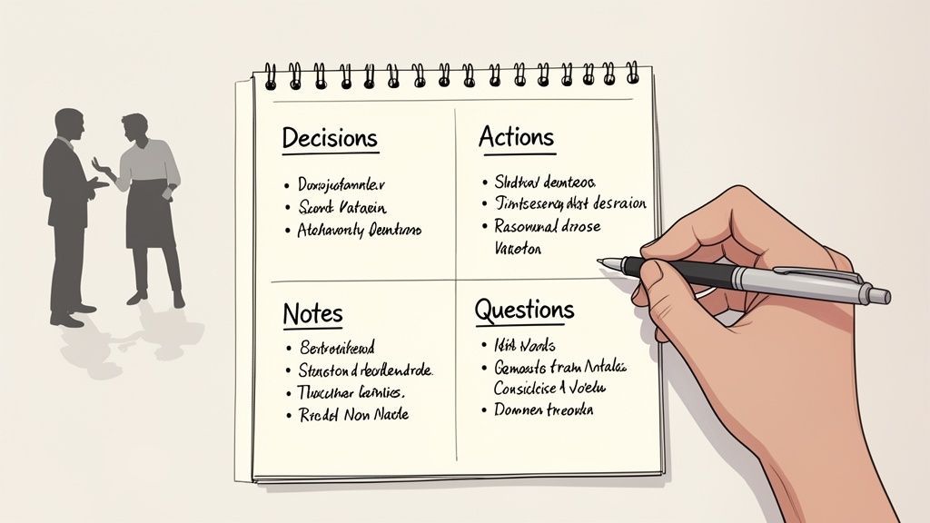 A hand writes on a meeting notebook with decisions, actions, notes, and questions sections.