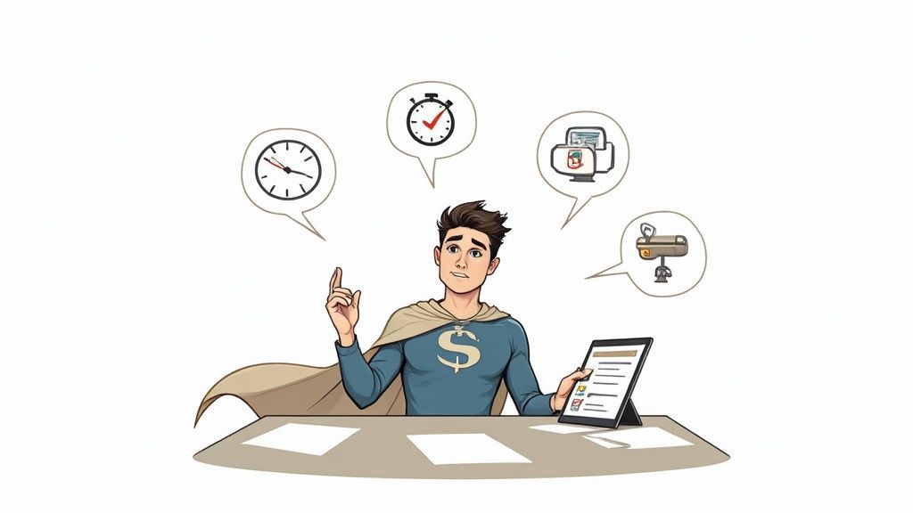 Cartoon superhero man thinking about time management, tasks, and recording a meeting with a tablet.