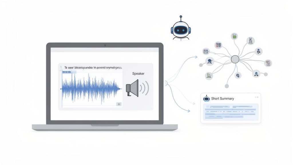 An AI system processes audio from a laptop, displaying a waveform, and generating a short summary and various insights.