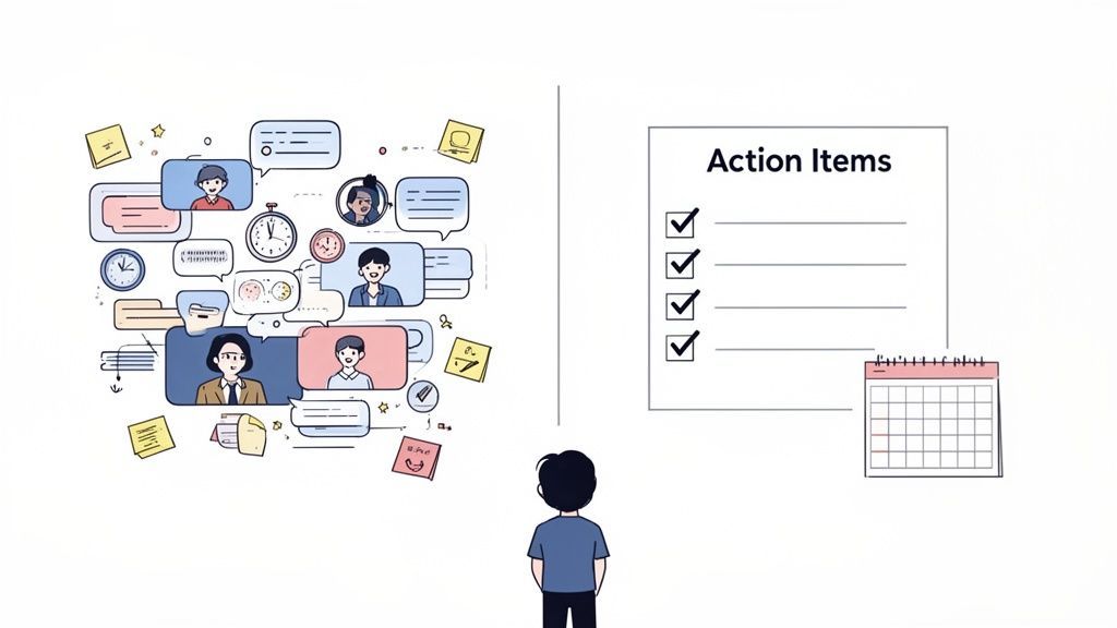A person views many chat bubbles and clocks, contrasting with a clear action items list and calendar.