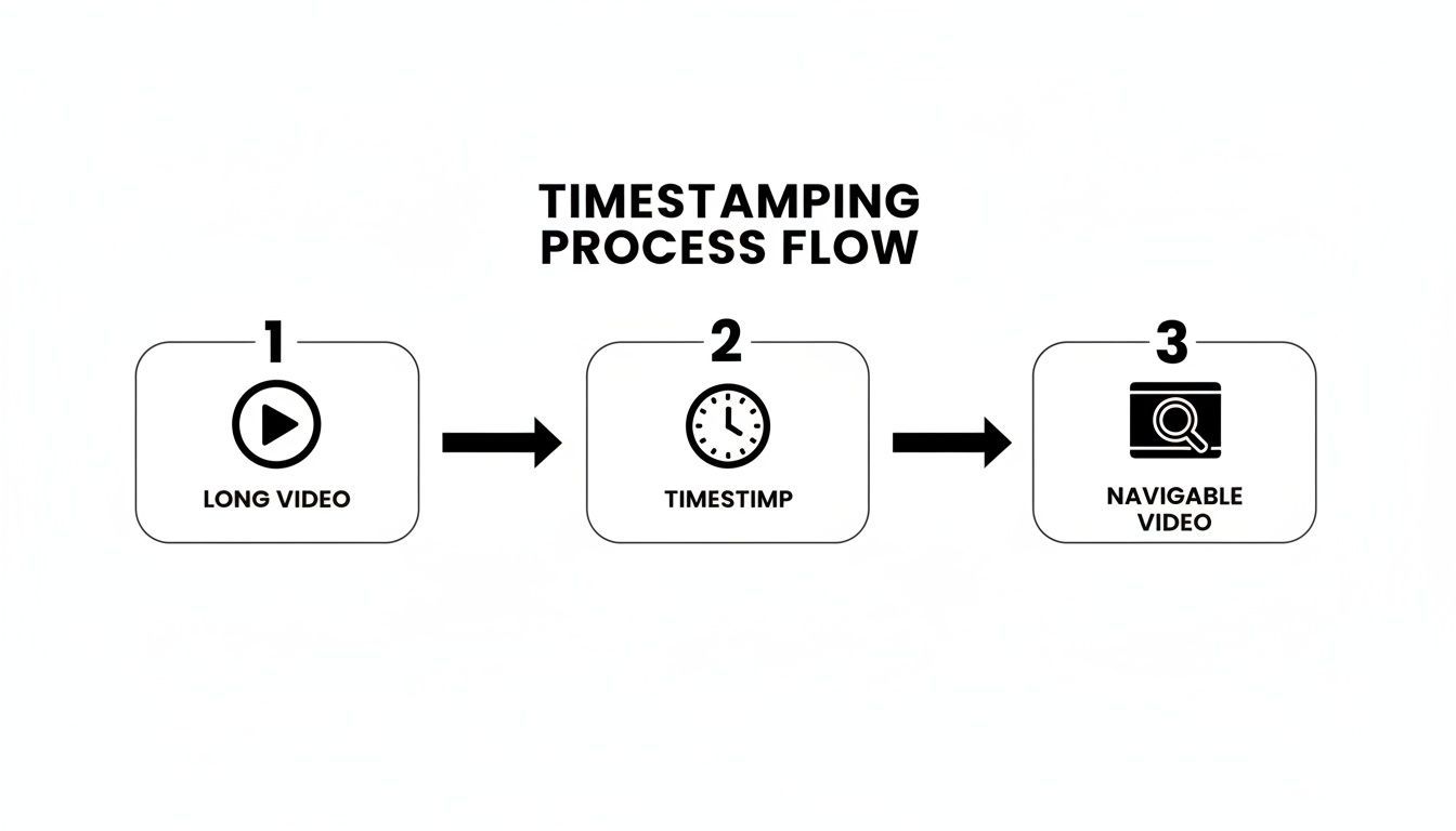 Diagrama de flujo que muestra el proceso de marcas de tiempo: entrada de video largo, creación de marcas de tiempo, lo que resulta en un video navegable.