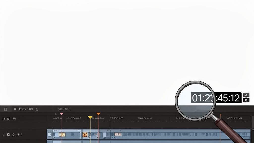 Una lupa resalta un código de tiempo digital 01:23:45:12 en una línea de tiempo de software de edición de video.