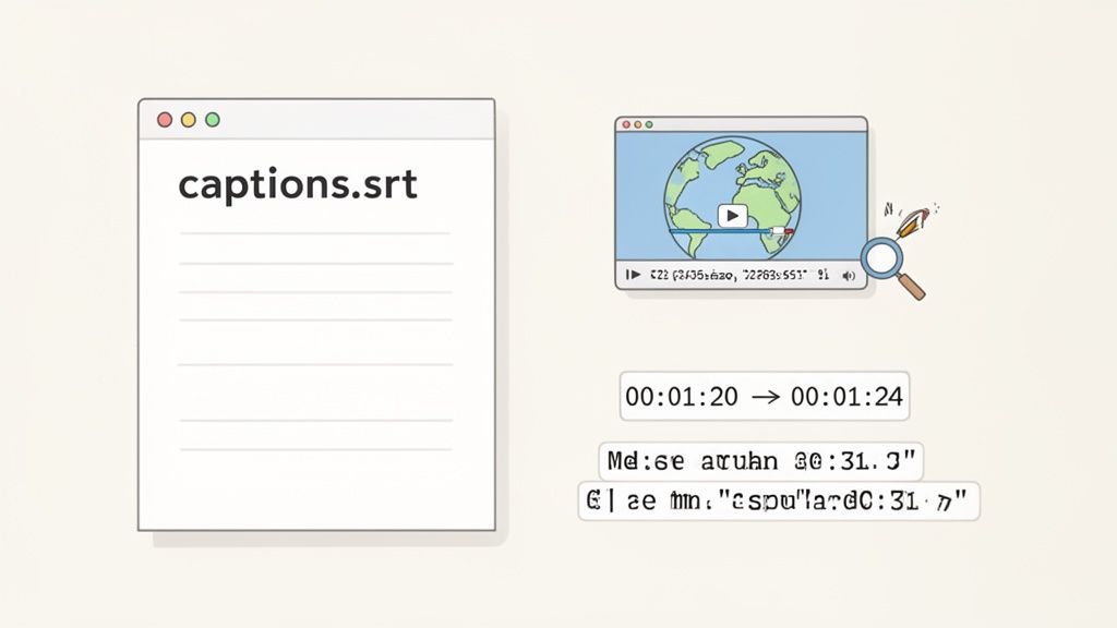Una ilustración que muestra un archivo 'captions.srt' junto a un reproductor de video, indicando la edición de subtítulos de video con marcas de tiempo.