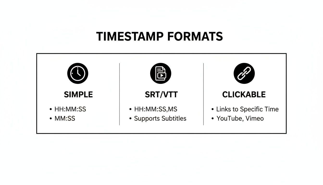 An image illustrating different timestamp formats including simple, SRT/VTT, and clickable links for video content.