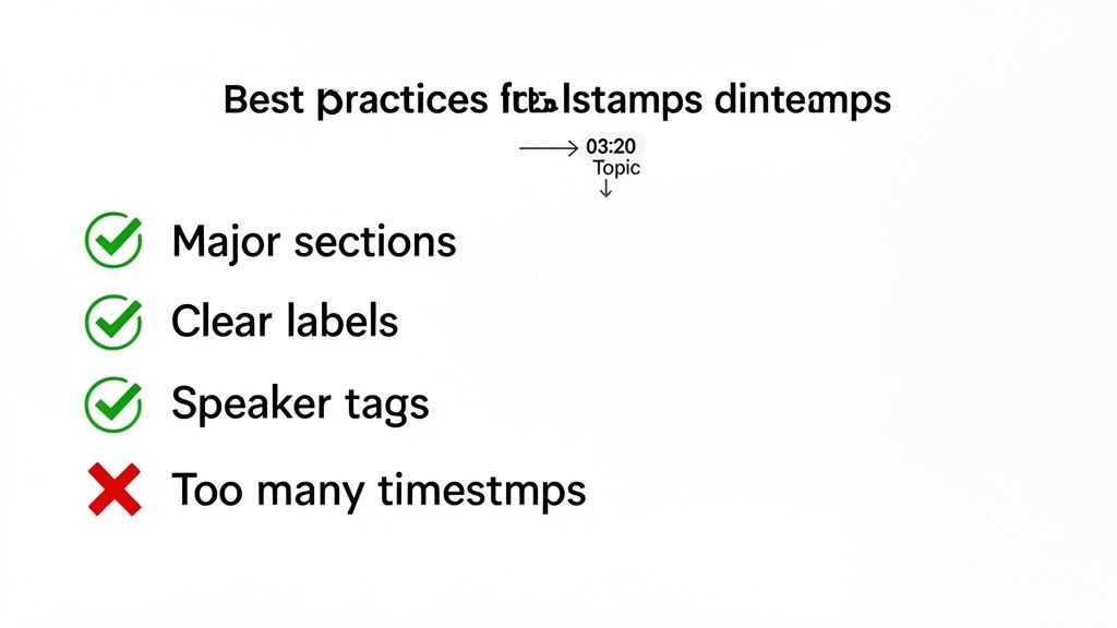 A slide showing best practices for video timestamps, including major sections, clear labels, speaker tags, and avoiding too many timestamps.