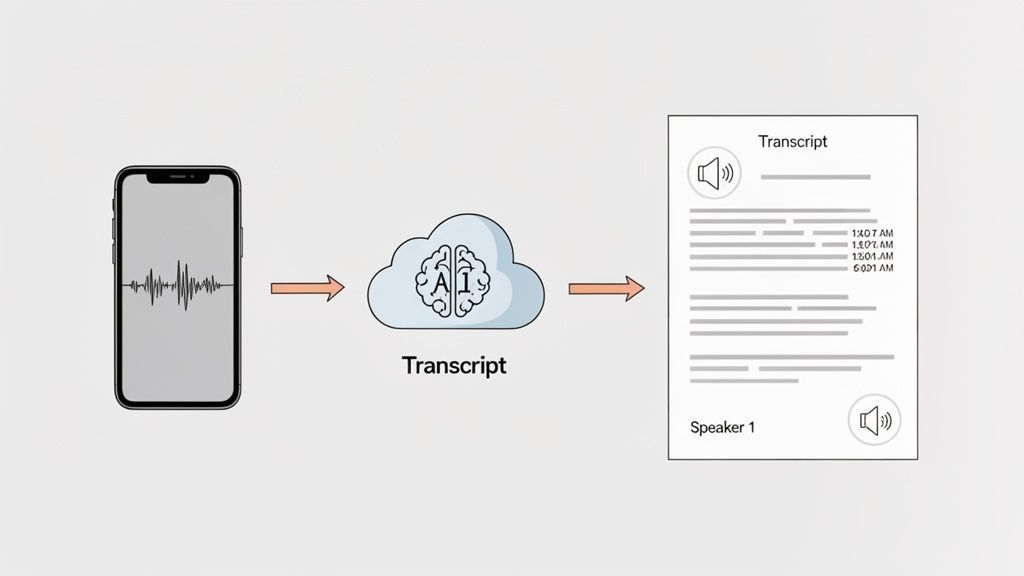 Diagram shows an iPhone audio recording sent to an AI cloud for transcription into a text document.