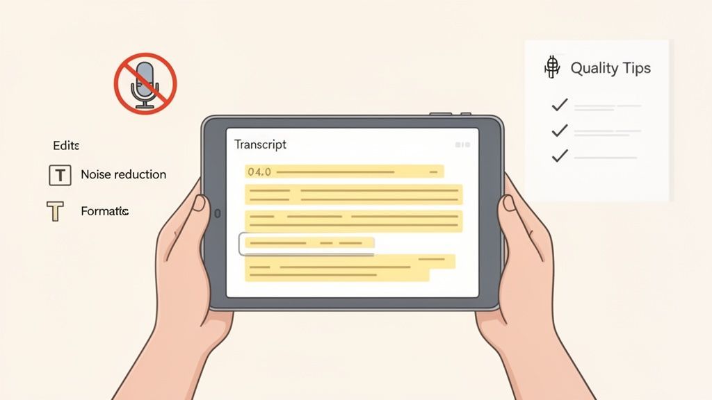 Hands hold a tablet showing an audio transcript with editing options, noise reduction, and quality tips.
