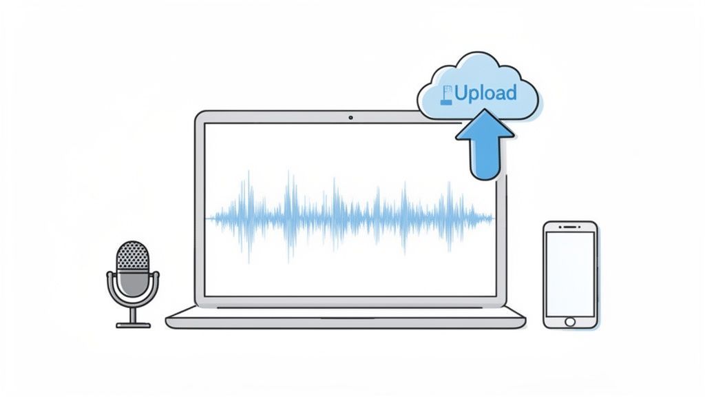 Un micrófono, una laptop mostrando una onda de audio y un smartphone, con un ícono de carga en la nube.