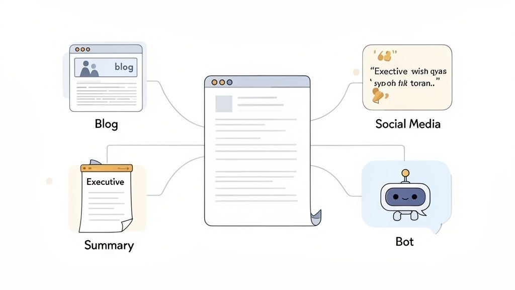 Un documento central se ramifica hacia un blog, redes sociales, resumen ejecutivo y salida de chatbot.