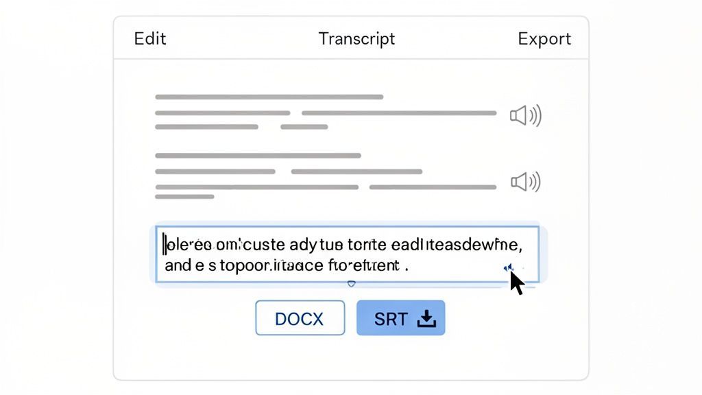 Una interfaz de software para editar y exportar transcripciones de audio, mostrando un campo de texto editable y botones de descarga DOCX, SRT.