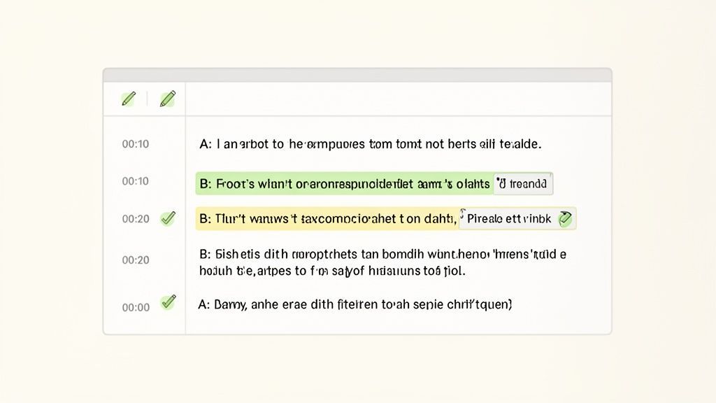 Eine Benutzeroberfläche zur Transkription von Video zu Text, die Zeitstempel, Sprecherbeschriftungen und bearbeitbaren Text anzeigt.