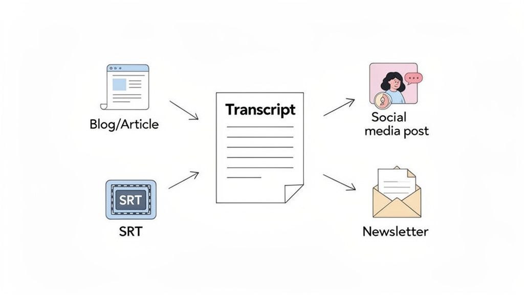 Ein Workflow-Diagramm, das zeigt, wie Transkripte aus Artikeln/SRT erstellt und in Social-Media-Posts und Newsletter umgewandelt werden können.