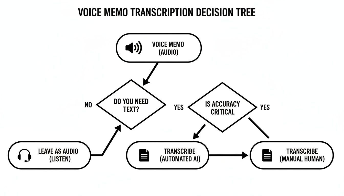 Un organigramme d'arbre de décision illustrant les étapes de transcription des mémos vocaux, de l'écoute à la transcription manuelle humaine.