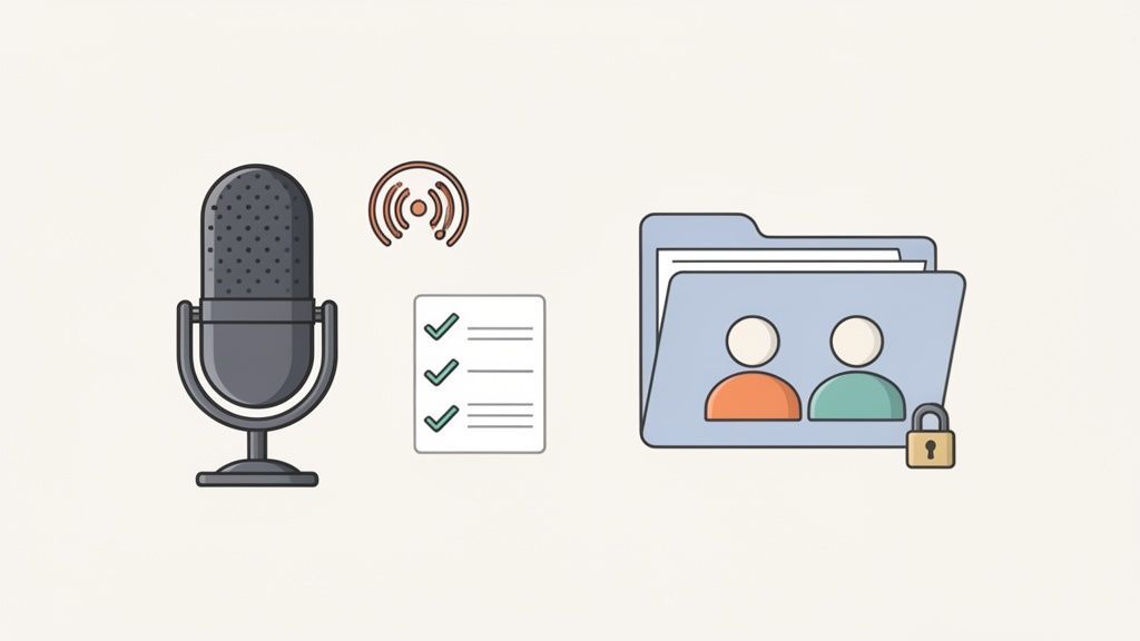 Illustration d'un microphone, d'un signal Wi-Fi, d'une liste de contrôle et d'un dossier privé avec deux icônes d'utilisateur.