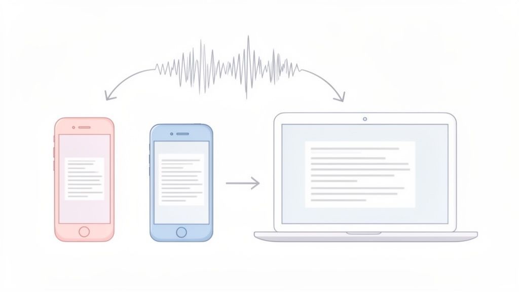 Forme d'onde vocale traitée en texte affichée sur des smartphones roses et bleus, puis transférée sur un ordinateur portable.