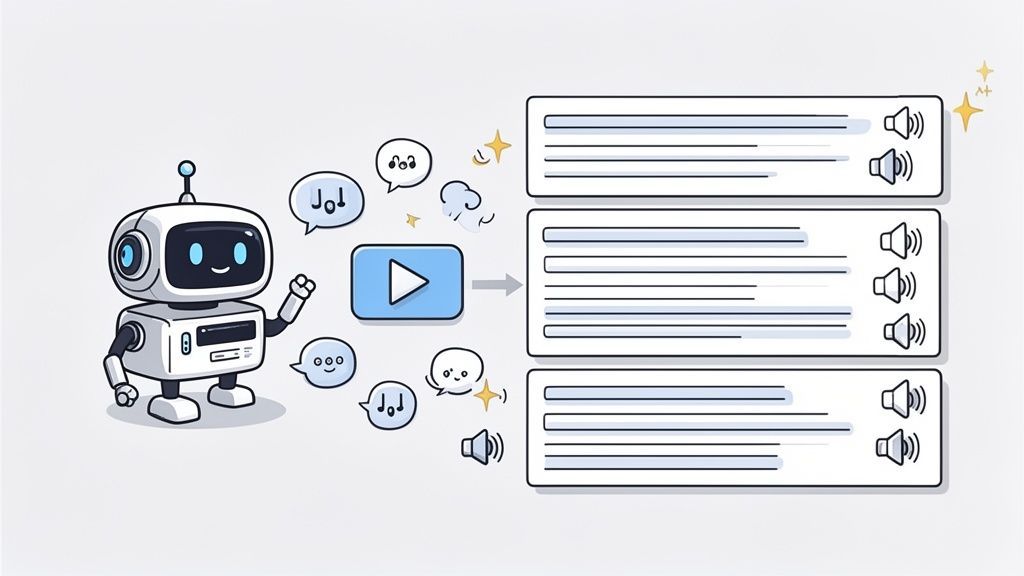 A friendly AI robot converts speech bubbles and a video into multiple text documents with audio icons.