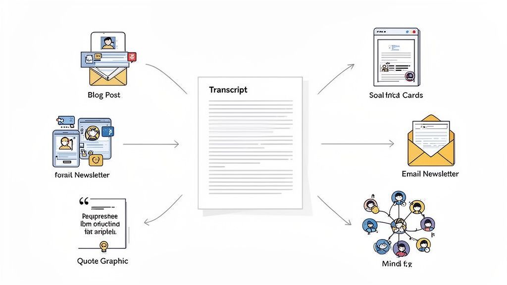 Diagram illustrating how a single transcript can be transformed into multiple content formats like blog posts, newsletters, and social media cards.