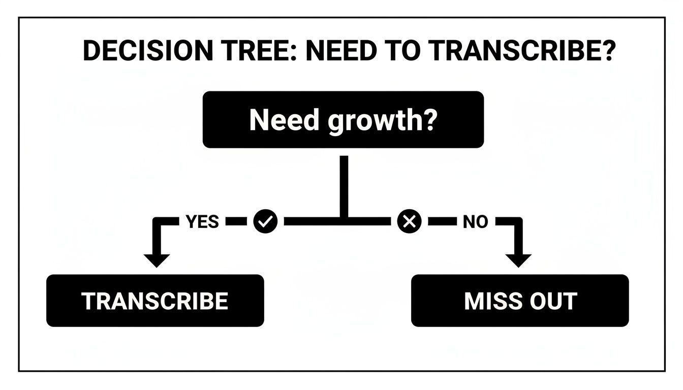 A decision tree diagram titled 'Need to Transcribe?'. It asks 'Need growth?'. If 'YES', action is 'TRANSCRIBE'. If 'NO', action is 'MISS OUT'.