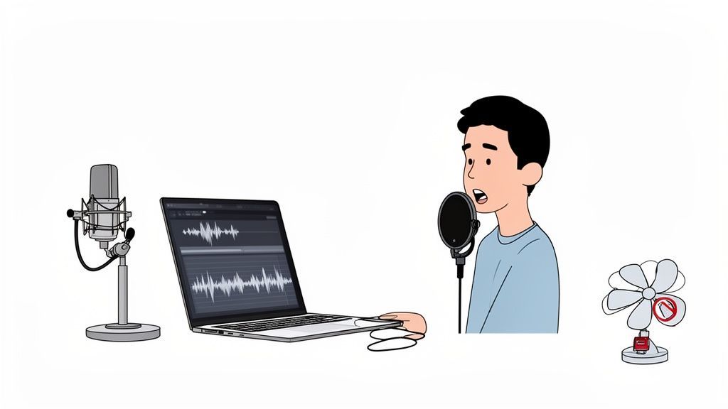 Ilustración de una persona hablando a un micrófono junto a una computadora portátil que muestra formas de onda de audio, con un ventilador marcado como 'no'.