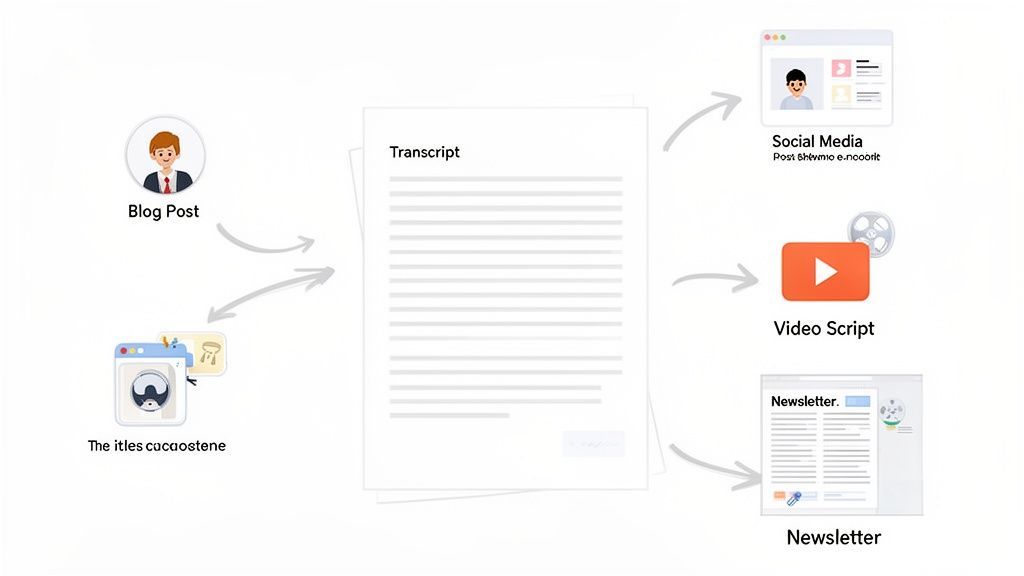 Diagrama que ilustra la reutilización de contenido, donde una transcripción se convierte en publicaciones en redes sociales, guiones de vídeo y boletines informativos.