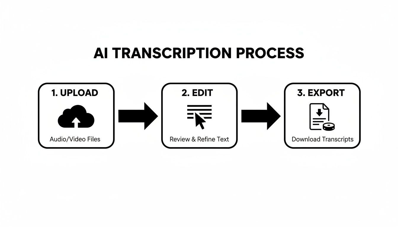 Diagrama de flujo que detalla el proceso de transcripción de IA, que incluye pasos para cargar, editar y exportar archivos de audio/video.