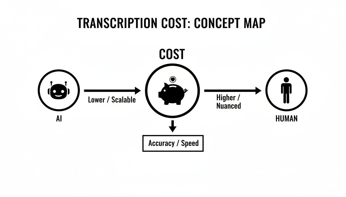 Concept map illustrating transcription cost differences between AI and human, considering scalability, nuance, accuracy, and speed.