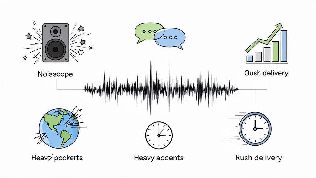 An audio waveform diagram illustrating concepts like noise, speech, accents, and delivery.