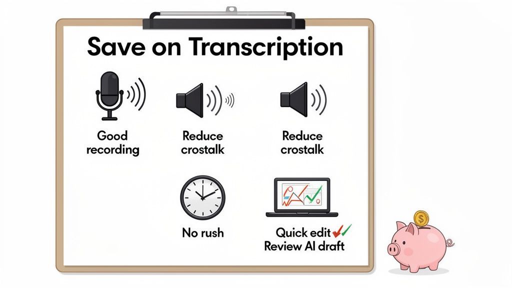 Illustrates methods to save on transcription costs: good recording, reduce crosstalk, no rush, quick edit, and reviewing AI drafts.