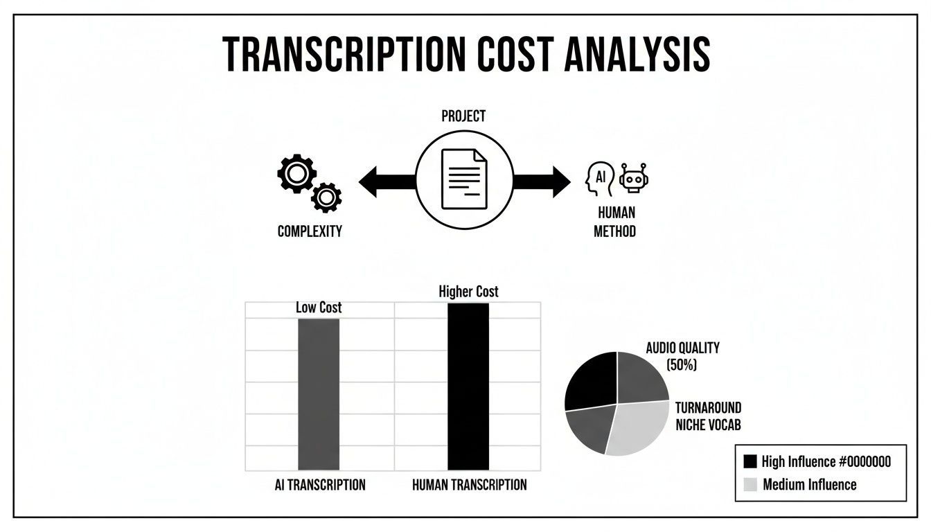 Transcription cost analysis comparing AI and human methods, with influencing factors like audio quality.