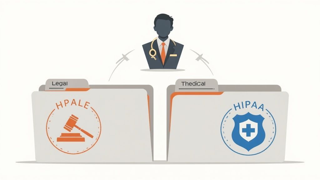 A doctor links 'Legal' folder with a gavel and 'Thedical' folder with a HIPAA shield, showing medical-legal integration.